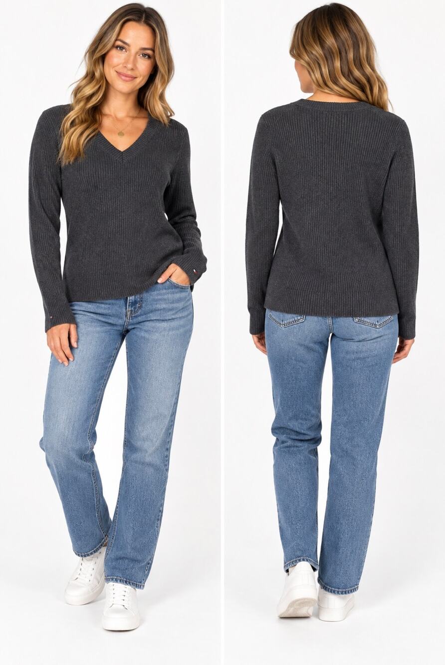 Tommy Hilfiger Women’s L Gray Ribbed V Neck Sweater Cotton Knit Preppy vintage